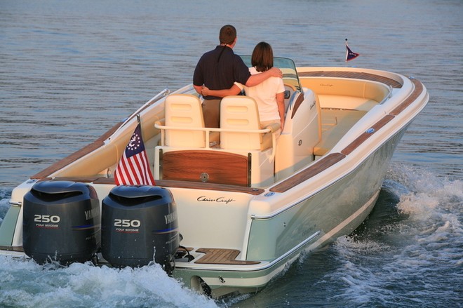 Looks just as good from aft - this boat boasts Yamaha power, buut our test boat sported the Mercury Verado pairing. - Chris-Craft Sun Tender © supplied by Chris-Craft